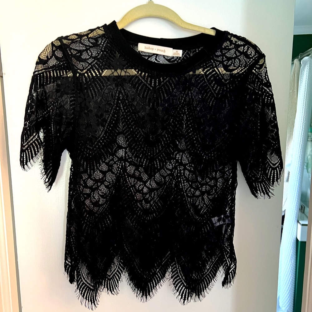 Bishop + Young Black Lace Cropped Top with Lace Detail and Scalloped edges